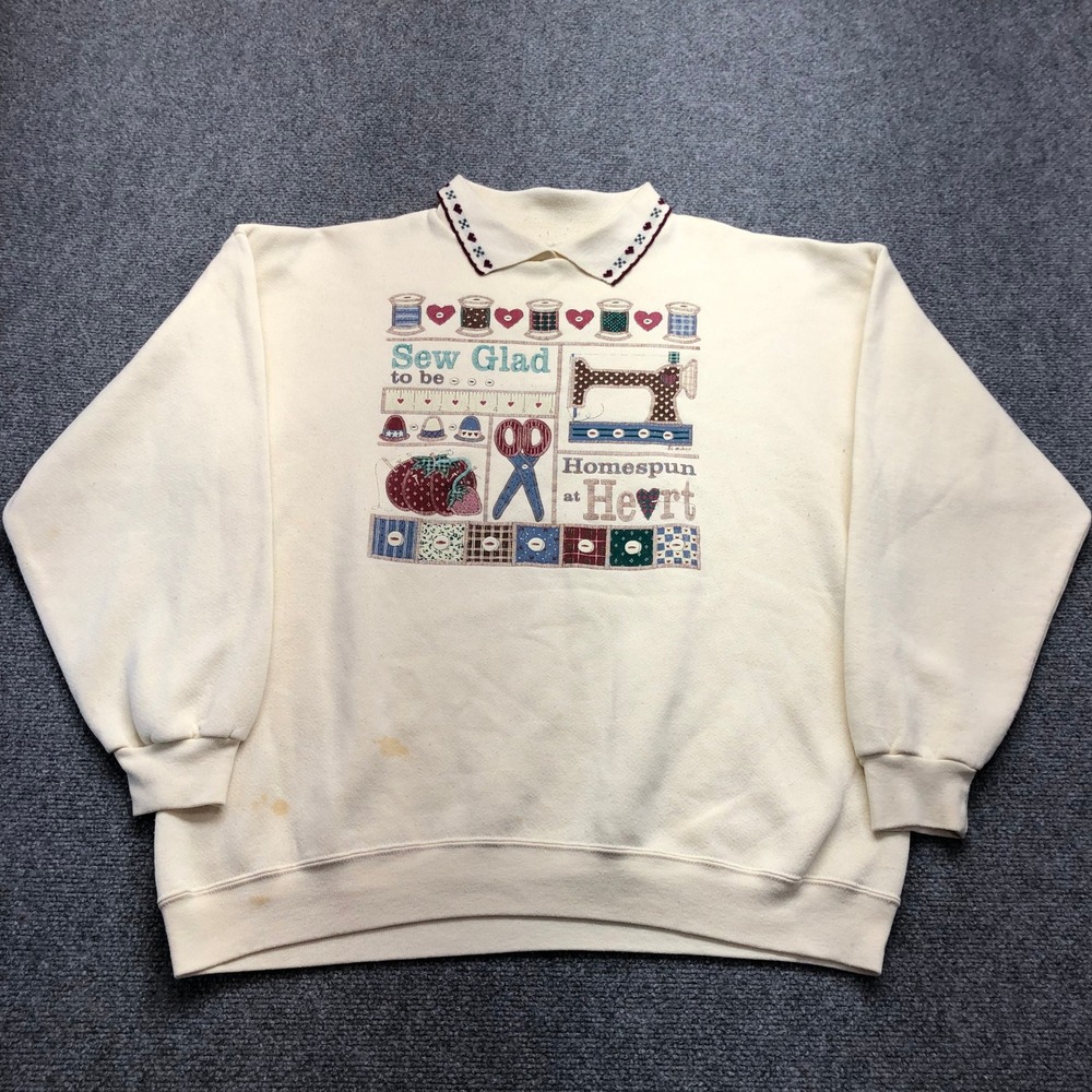 Vintage W Active Wear Sew Glad Homespun Heart Sweatshirt Cream XL Made in USA